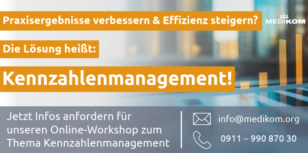 Anzeige für Online Workshop "Kennzahlenmanagement" der MediKom Consulting GmbH. Mehr infos unter info@dev9.webdesign-praxis.de