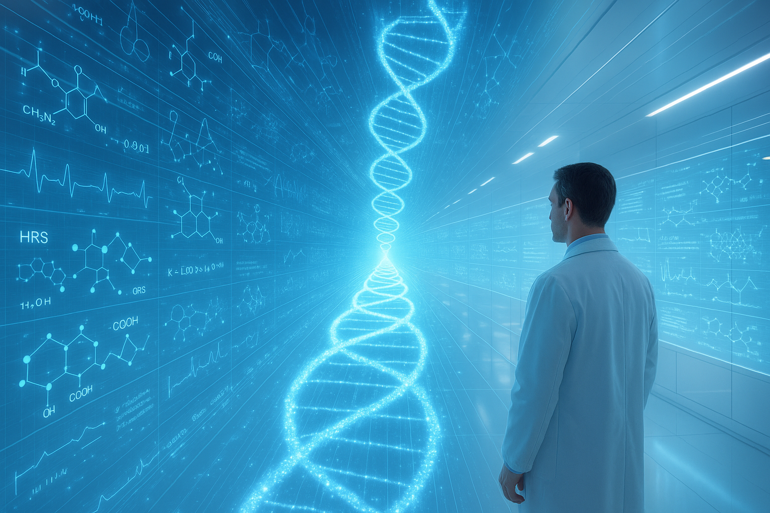 Ein Arzt in einem weißen Laborkittel steht in einem futuristischen, blauen Laborumfeld und blickt auf eine große, leuchtende DNA-Doppelhelix, die sich perspektivisch in die Ferne erstreckt. Um ihn herum sind digitale wissenschaftliche Formeln, Diagramme und Datenvisualisierungen angezeigt.