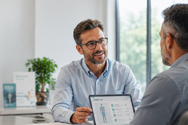 Moderner Arzt im Gespräch mit einem Patienten in einer hellen, modernen Arztpraxis. Der Fokus liegt auf einer professionellen Beratung zu Gesundheitsleistungen, während im Hintergrund ein Tablet mit Check-up-Informationen zu sehen ist. Große freie Fläche auf der linken Bildseite für Text-Overlay, fotorealistischer Bannerstil mit weicher Tiefenschärfe und natürlichem Bokeh-Effekt.