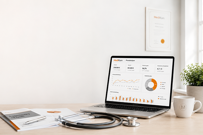 Laptop mit Praxisanalyse-Dashboard, MediKom-Unterlagen und Stethoskop auf einem Schreibtisch in einer hellen, modernen Arztpraxis.